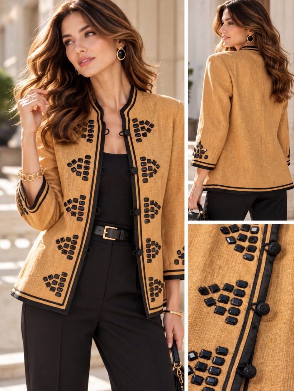 NWT 100% Linen Linea Louis Dell'Olio Beaded Collarless Jacket Black Trim Women L